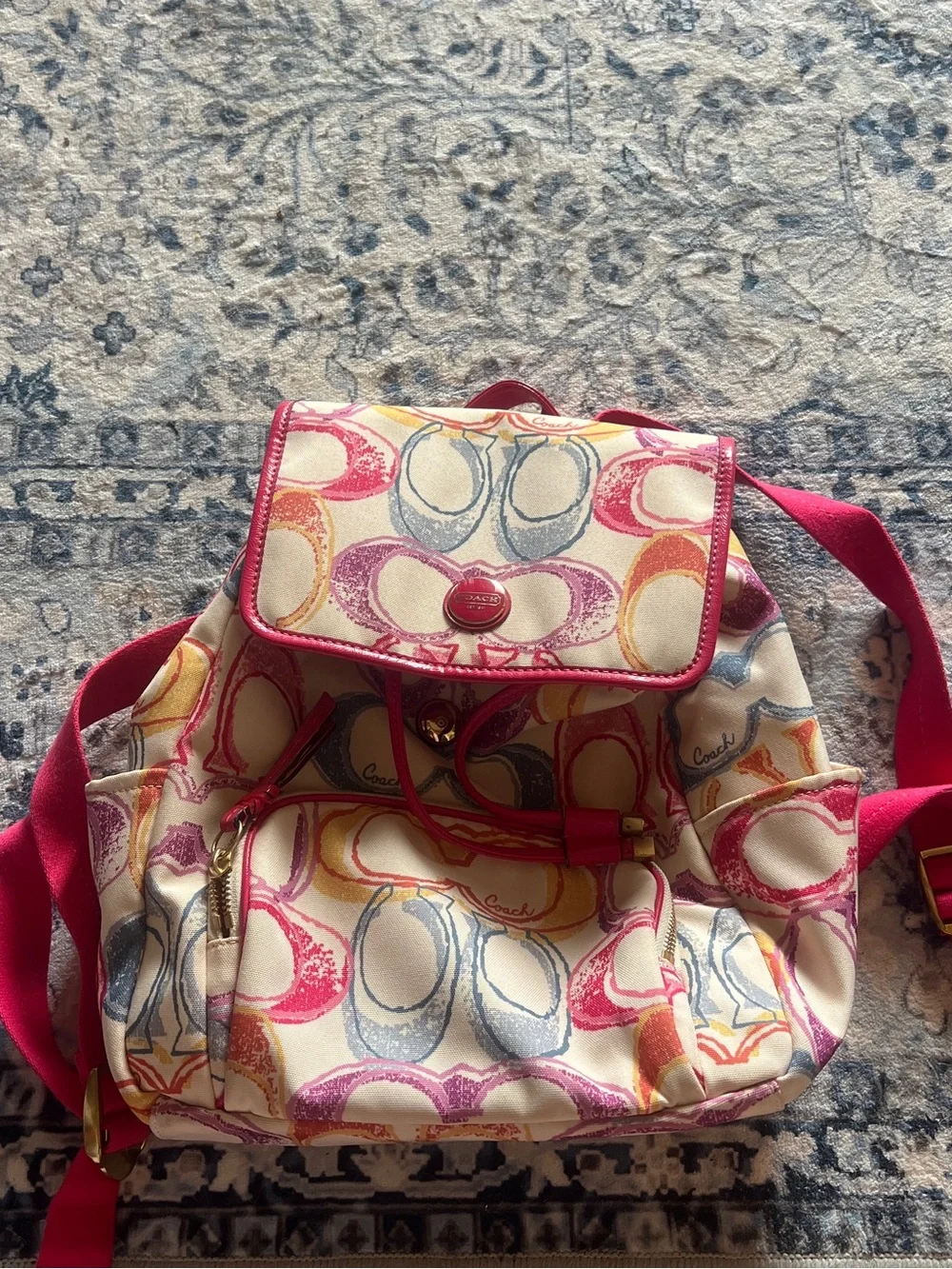 Coach Signature Scribble Print Women's Backpack with Pink Accents